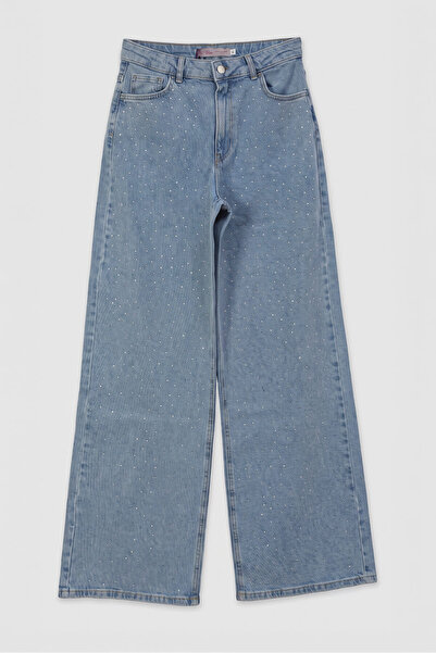 blue white Women's Light Blue Modest Wide Leg Stoned Jean Trousers