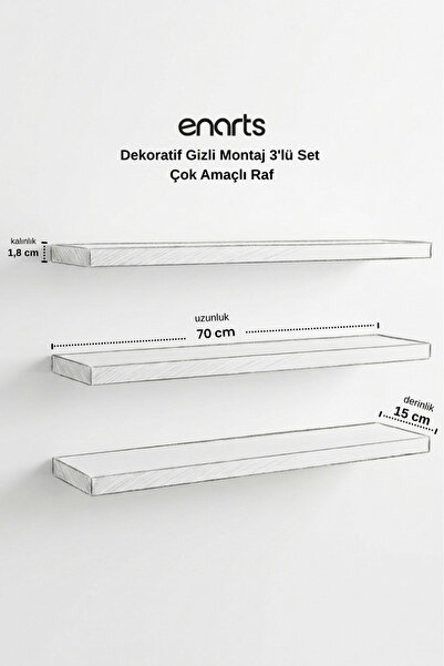 Enarts Premium MDF Raf Gizli Montajlı Meşe Renk Uçan Raf 15x70 cm 3 Adet Çok amaçlı Kitaplık Mutfak Banyo Salon Rafı