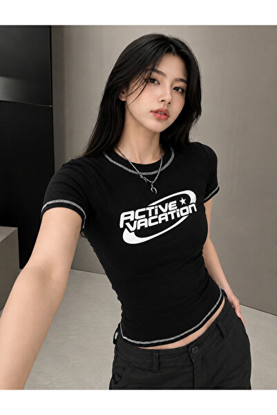 EDVESS İnce Retro Tişört Kısa Kollu Siyah Crop Y2k Harajuku Slim Retro T-shir...
