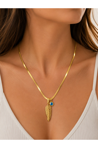 POSEİDONS JEWELLERY Gold Color Leaf Figured Evil Eye Beaded Flat Chain Women'...