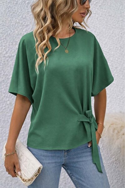 pazarella Women's Short Sleeve Crew Neck Side Tie Aerobin Blouse