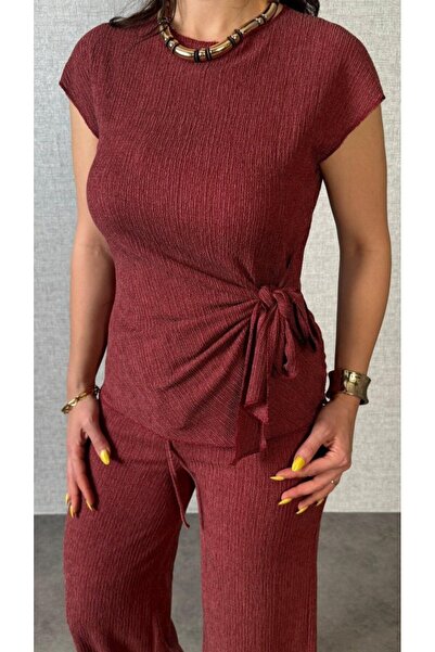 oniks store Women's Short Sleeve Crew Neck Side Tie Wrinkle Blouse and Trouse...
