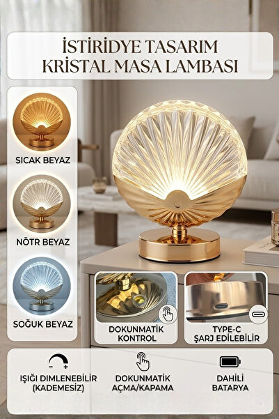 ZNEEL İstiridye Tasarım Kristal Masa Lambası 20 cm | Dokunmatik, 3 Renk Işık ...