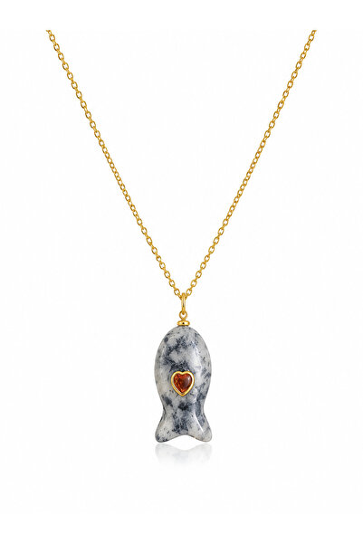 POSEİDONS JEWELLERY Gold Color Natural Stone Fish Figured Women's Necklace wi...