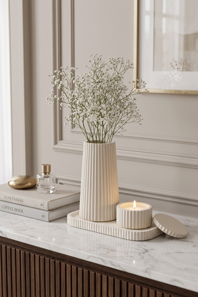 4'lü Dekoratif Vazo, Tepsi, Kutu ve Tealight Mum Seti
