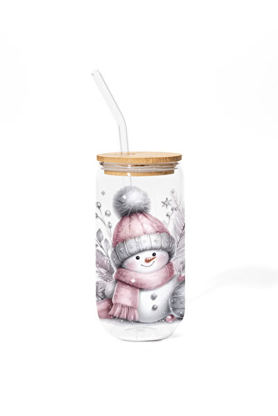 Pahar Cana din sticla cu capac din bambus - Crăciun Roz X