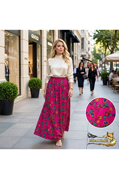 hoaryage Elastic waist ethnic bohemian floral patterned viscose fabric maxi s...