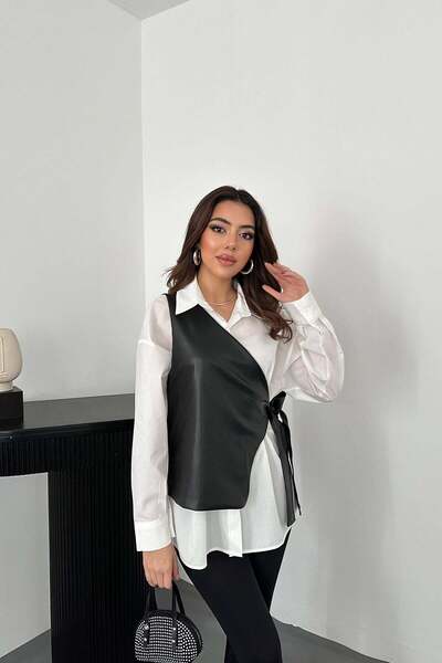 Moda Days Women's White Long Sleeve Shirt with Collar and Side Tie Vest Detail