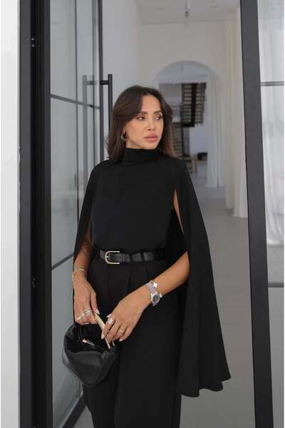Havoş Black High Neck Cape Blouse