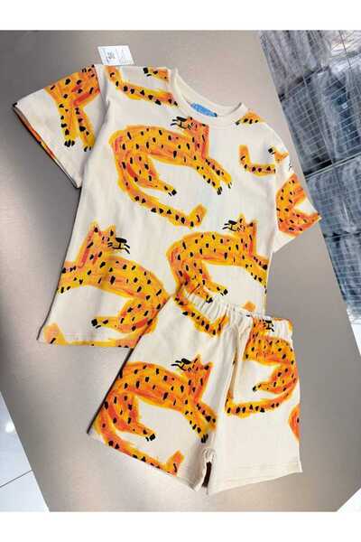 La ciel Paris Boy's Top and Bottom Set Oversized Lion Patterned T-Shirt and Shorts Set
