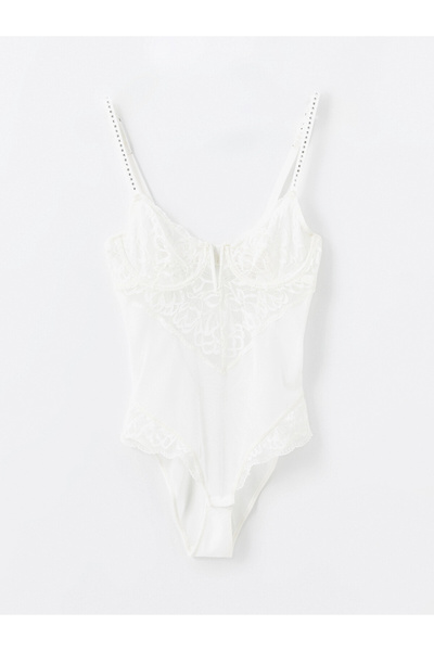 LC Waikiki Ecru V-Neck Stone Printed Strappy Bodysuit