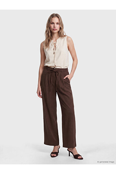 LC Waikiki Brown Women's Linen Blend Trousers with Elastic Waist