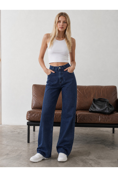 yourshıne denım co. Jeans Pants with Tube Waist, Navy Blue, Leather Pocket, E...