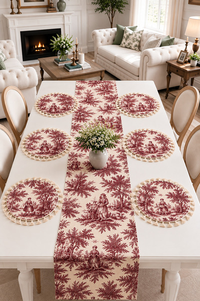 Luxoras Home Duck Kumaş Runner ve 6’lı Supla Amerikan Servis Seti - Vintage B...