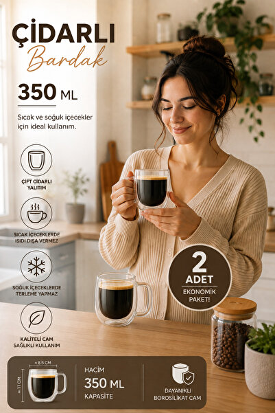 Seram Collection Çift Camlı Çift Çidarlı Bardak 350 ml Ev Ofis Fincant Çift K...