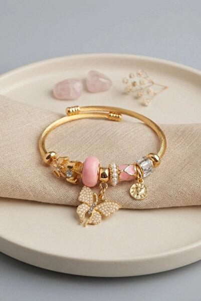 ARMÜZ Pink Butterfly Model Gold Color Charm Bracelet