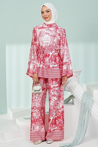 İmajButik Red Patterned Tunic Trouser Suit