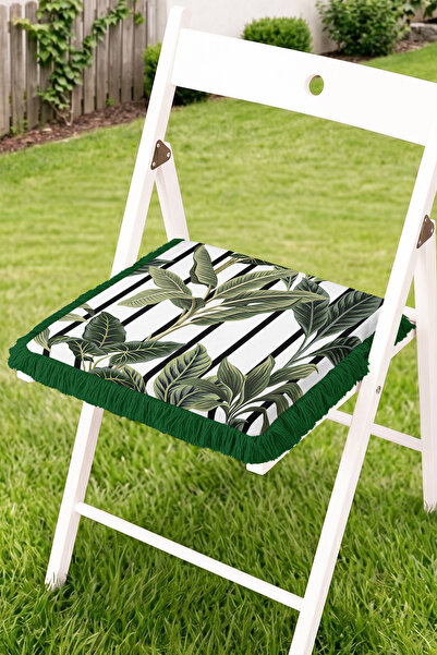 Realhomes Fringed Zippered Chair Cushion with Tropical Leaf and Black and Whi...