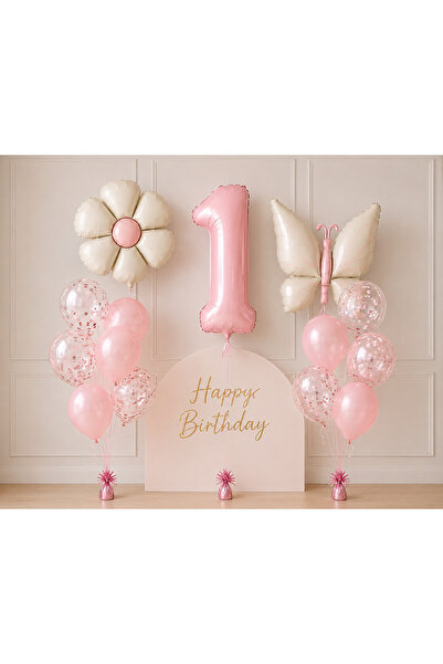 ALYA PARTİ Kelebekli 1 Yaş Doğum Günü Balon Seti Pudra Pembe Papatya Folyo Ba...