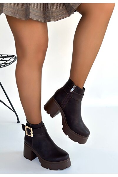 Generic Brand Pinma Bitter Brown Leather Heeled Boots