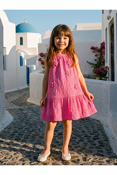 LC Waikiki Lcw Kids Green Floral Embroidered Girls' Crinkle Dress