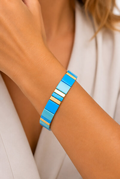 synshop Bohemian Vip Blue Gold Color Geometric Patterned Elastic Women's Brac...