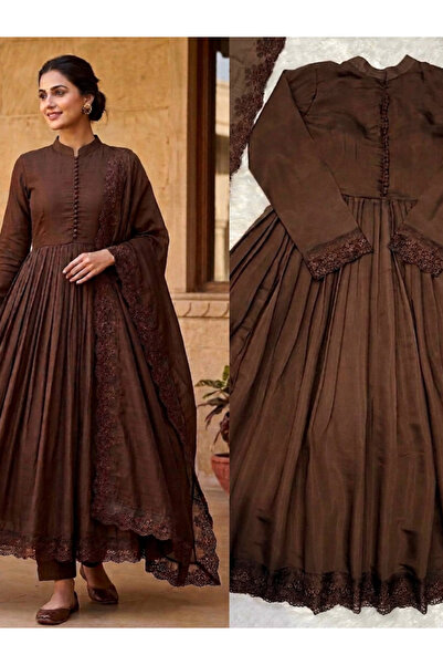 MYSMAR Brown Roman Silk Embroidered Gown Set - FFT9080 | Brown-Size:XL-42-Inches