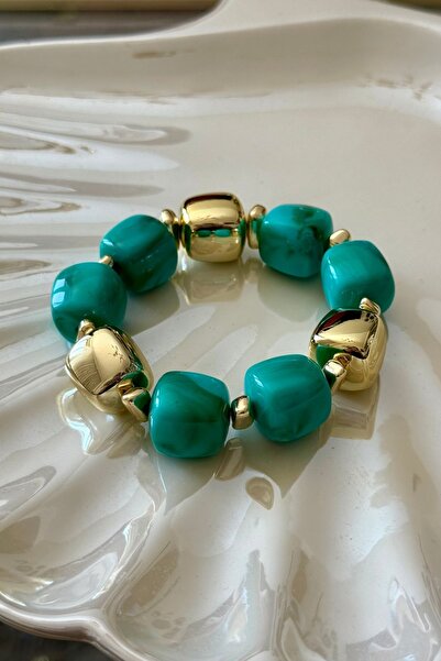 Trendy Butik Turquoise Gold Beaded Flexible Bracelet