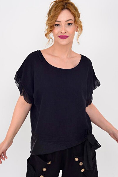 AYASOFYA OTANTIK Women's Italian Tie-Back Silk Detailed Linen Blouse
