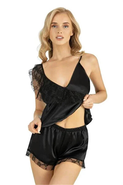 SS HOME CONCEPT Lace Embroidered 2-Piece Black Satin Shorts Set