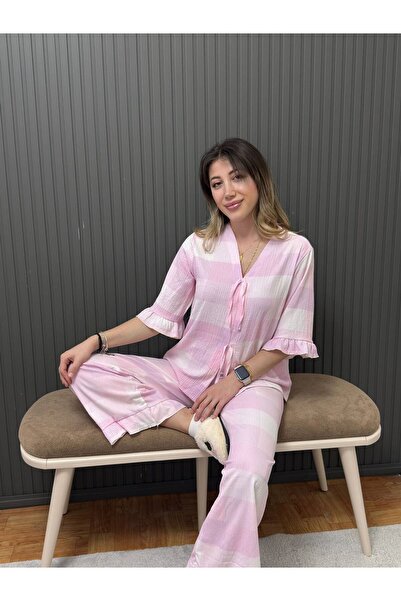 BUTİK PİCAMA Kadın Pembe Ekose Desenli Müslin / Bürümcük V Yaka İp Bağlamalı ...