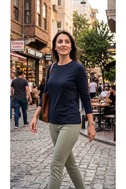 AHMERA Navy Blue Women's Regular Fit Long Sleeve Basic T-Shirt