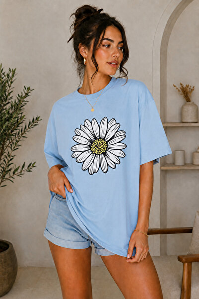 FECCY Premium Large Daisy Printed Oversize Women's T-Shirt Cotton Oversize T-...