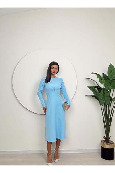 Clothes Fast Women's Blue - Blue Dress Midi Length Crew Neck Long Sleeve Ches...