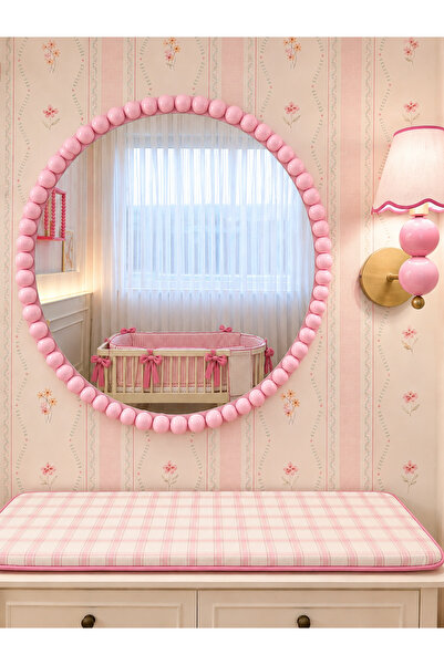 BOHEM Ahşap Boncuklu Pembe Duvar Aynası 60 cm | Büyük Boy Bebek Odası Dekor A...