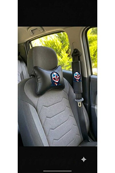 CAR Joker Baskılı Siyah Deri Oto Boyun Yastığı ve Emniyet Kemeri Pedi Seti (2...