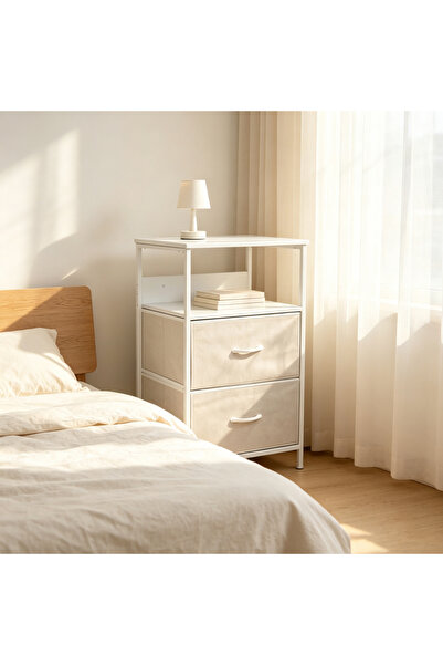 HayaBazaar Nightstand with 2 Fabric Drawers & Open Storage Shelf, Modern Meta...