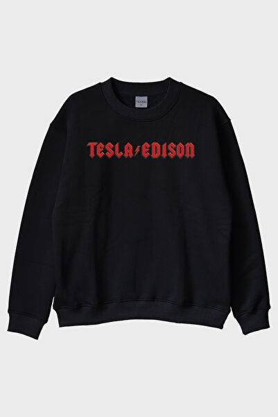 lofux Tesla/Edison Lightning Printed Gothic Design Black Crew Neck Sweatshirt