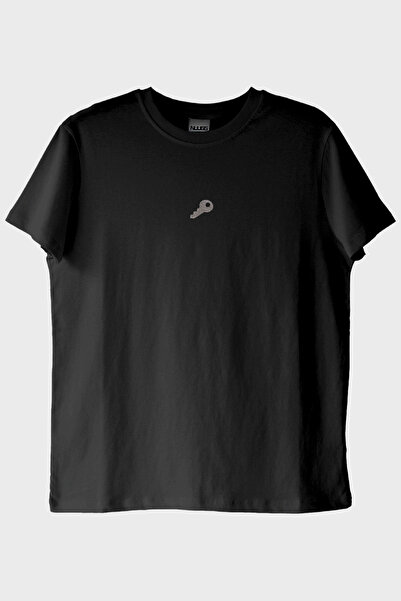 lofux Black T-Shirt with Embroidered Black Key - Minimalist Lover Combination