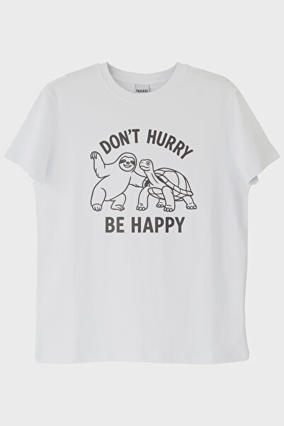lofux Don'T Hurry Be Happy Printed Sloth and Turtle White T-Shirt