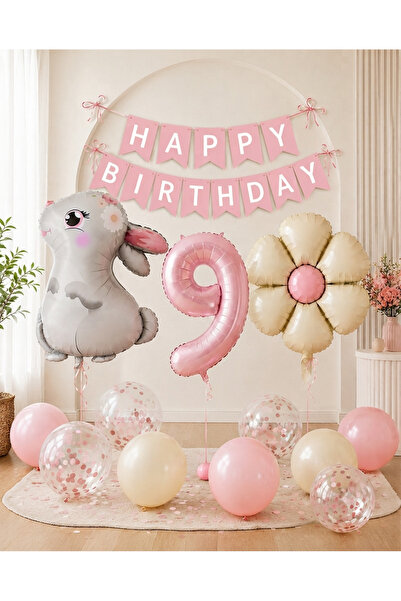 ALYA PARTİ Tavşan Temalı 9 Yaş Doğum Günü Süsleri Seti Pembe Happy Birthday B...