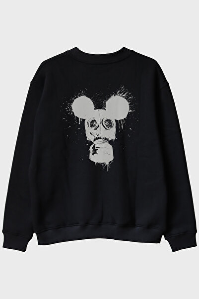lofux Black Crew Neck Sweatshirt with Gas Mask and Mouse Ears Design