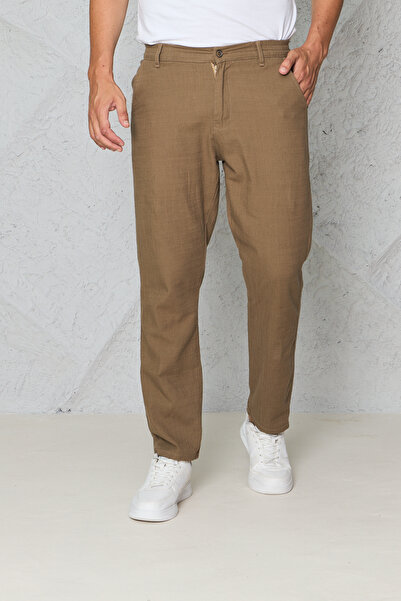 Siyah İz Men's Mink Linen Trousers with Elastic Waist, Comfortable Fit, Summe...