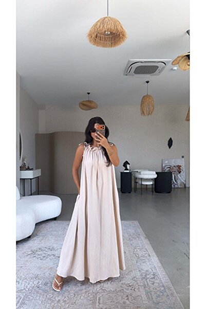 Buket Teke Beige Wrinkled Fabric Collar Gathered Loose Dress