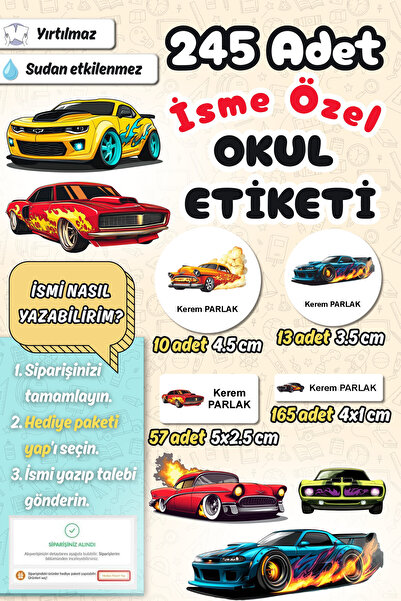 Sticker Ekspres Okul Etiketi Yarış Arabaları Kalem Defter Etiketi Özel İsim Y...