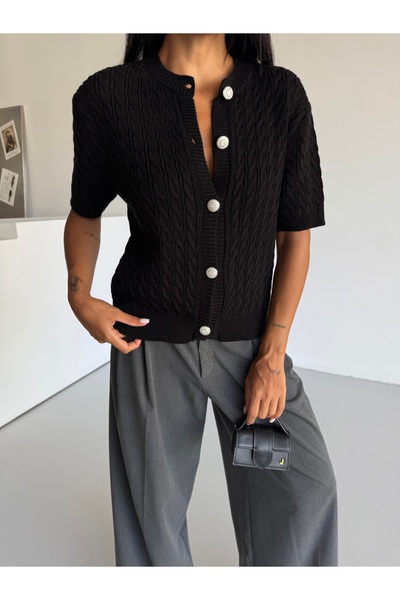 Gülçin Coşkun Short Sleeve Knitted Gold Button Detailed Women's Knitwear Card...