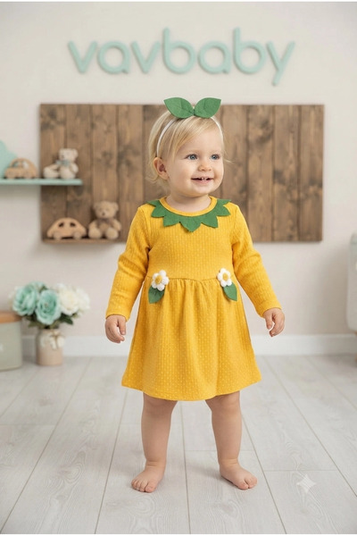 VaVbaby Girl's Leaf Collar and Daisy Detailed Yellow Baby Dress and Headband Set