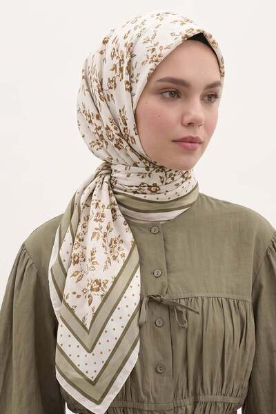 Salih Çelebi Patterned Naida Scarf 8039 - Khaki Ecru