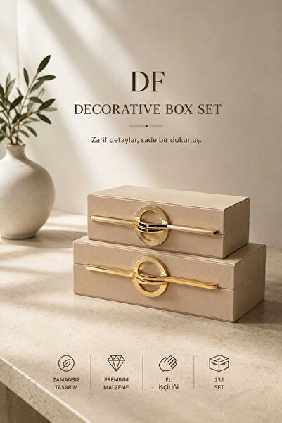Doğa DF Premium 2'li Dekoratif Kutu Seti | Deri Dokulu, Altın Metal Detaylı, ...