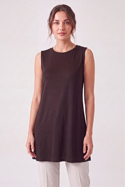 Betimoda Women's Four Seasons Crew Neck Sleeveless Viscose Short Tunic Brown